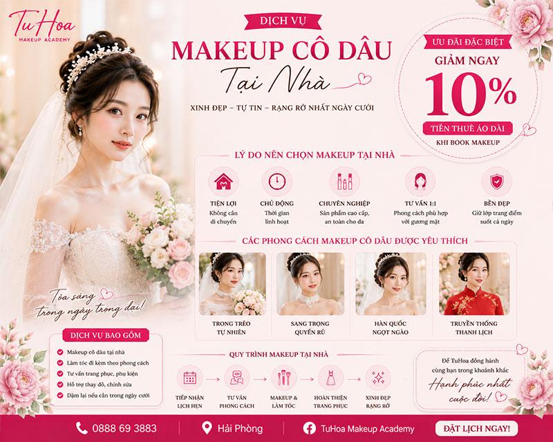 Book makeup cô dâu đẹp giá rẻ tại nhà ở Hải Phòng