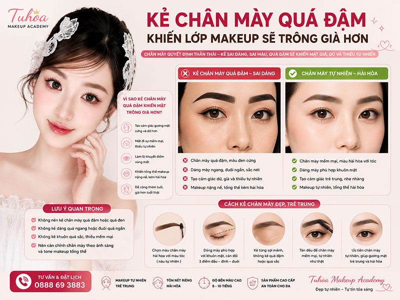 Kẻ chân mày quá đậm khiến lớp makeup sẽ trông già hơn